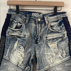 PREME  Blue Jean Shorts with Distressed Details and Side Stripes